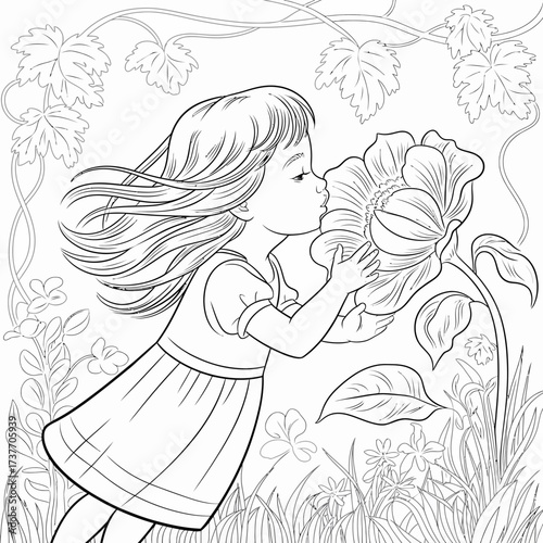Vector line art illustration of a young girl smelling a flower in a garden for scalable design silhouette