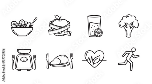 Healthy lifestyle icons set fresh food exercise weight loss and nutrition for wellness and diet vector
