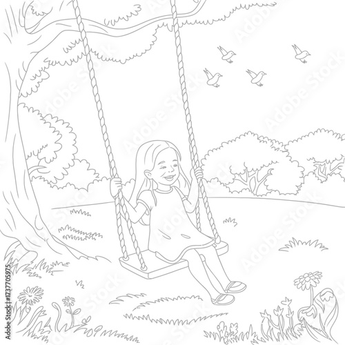 Charming vector illustration of a young girl swinging joyfully outdoors amidst nature silhouette