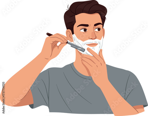 Illustration of a young man shaving with a vintage razor, isolated on white background