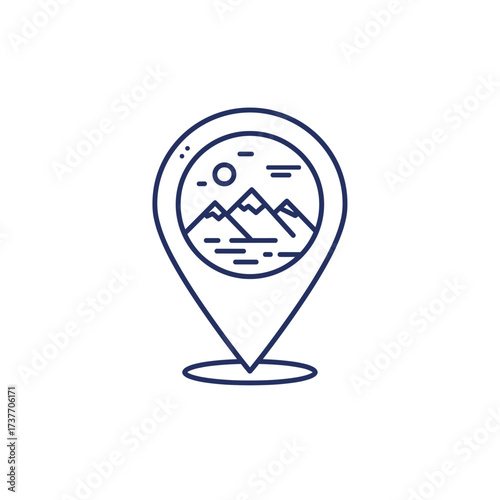 Location pin with mountain landscape and sun in minimal style  