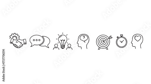 Hand drawn icons representing business ideas strategy innovation goals and time management vector