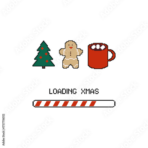 Pixel art Loading Christmas festive tree, gingerbread, and hot cocoa prepare for holiday cheer