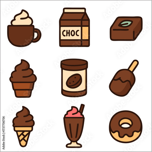 Flat Icon Set, Chocolate, Cocoa Treats & Sweet Dessert Symbols