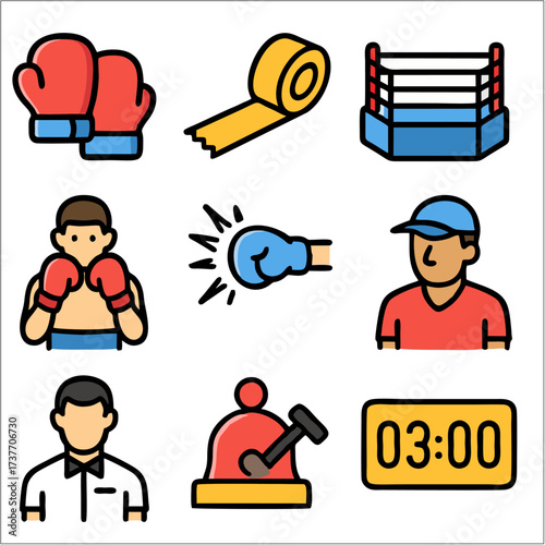 Flat Icon Set, Boxing, Fight Gear & Training Symbols