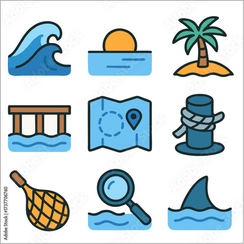 Flat Icon Set, Sea Life, Marine Travel & Ocean Symbols