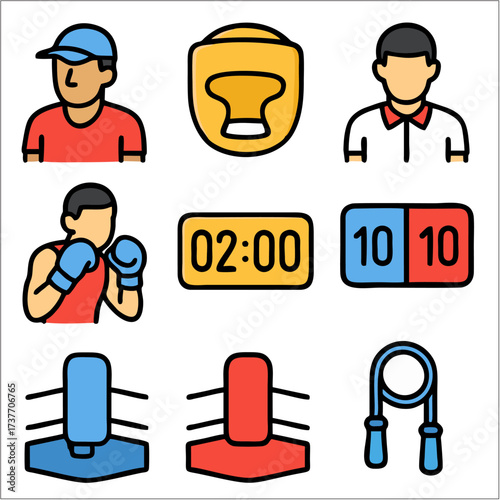 Flat Icon Set, Boxing, Fight Gear & Training Symbols