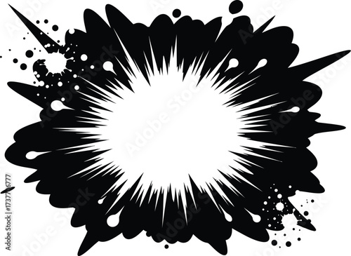 Dynamic black and white explosion graphic with scattered ink splatters