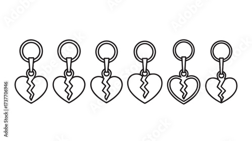 Collection of five broken heart charms with silver rings hand drawn style vector