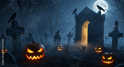 Spooky Halloween night background with pumpkins, a bat silhouette, and a scary castle illustration for an October holiday design