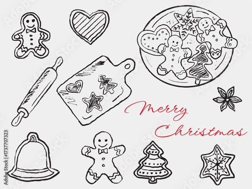 Hand drawn gingerbread cookies. Rolling pin, plate with cookies in the shape of man, christmas tree, star, heart, bell. Vector sketch illustration in vintage crayon charcoal style. Bakery, cooking