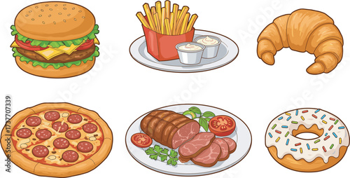 Cartoon, food, illustration, hamburger, fries, croissant, pizza, roast, donut, snack, meal, fast, tasty, colorful, drawing, vector, cuisine, delicious, dessert, lunch, breakfast, dinner