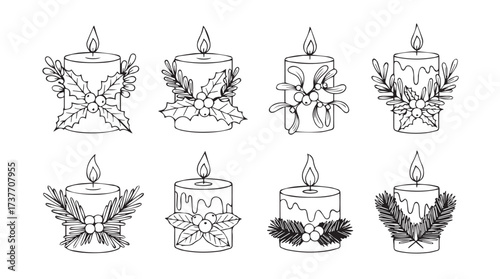 Hand-drawn christmas candles with festive foliage and ribbon decorations set vector