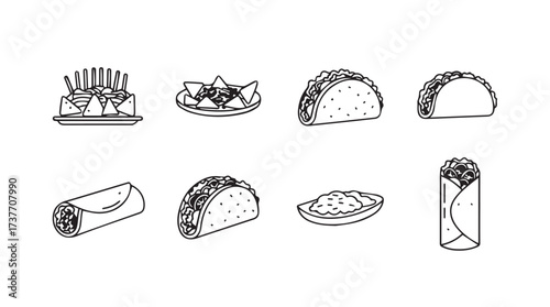 Hand drawn sketch collection of mexican food items including tacos burritos and more vector