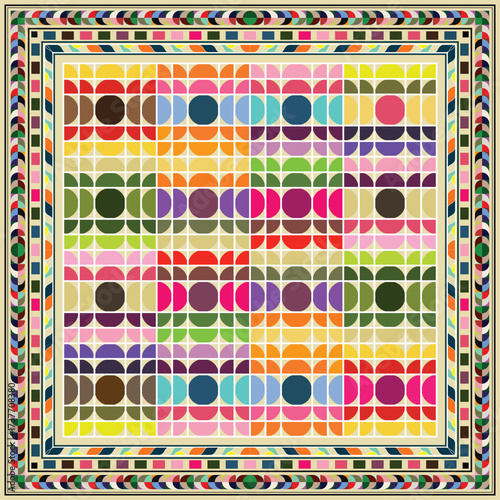 Colorful geometric scarf pattern design with retro semi circle and circle shapes, with eye catching color blocks and a border. Abstract textile print featuring vibrant hues and a unique mid century