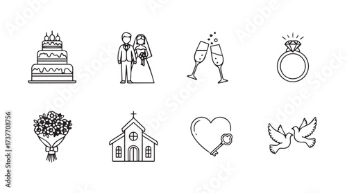 Whimsical hand drawn wedding icon set celebrating love and marriage ceremony elements vector