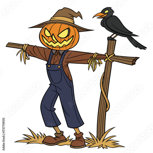 A cartoon scarecrow with a carved, glowing pumpkin head and sinister smile, wearing a brown shirt and blue overalls, mounted on a wooden post with straw showing from sleeves and pant legs.