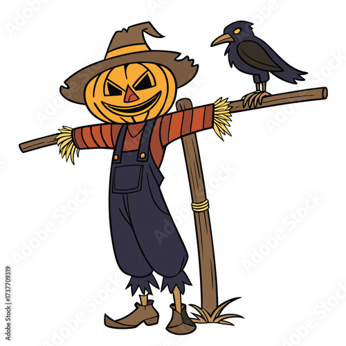 The scarecrow has a carved jack-o'-lantern for a head, complete with an evil grin and triangular eyes. It's wearing a floppy hat, a striped shirt, and dark blue overalls.