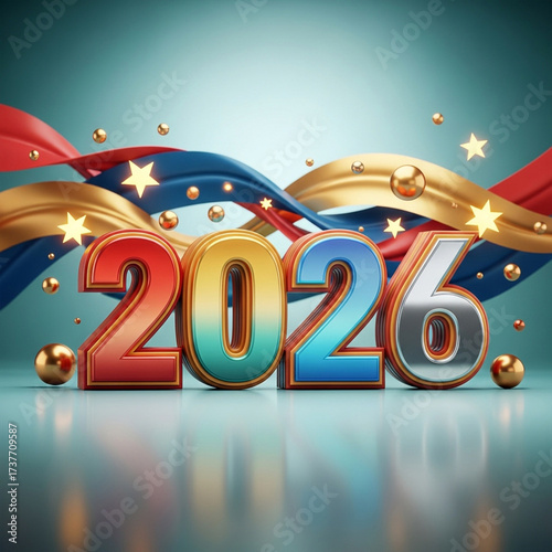 Shiny metallic 2026 numbers adorned with festive ribbons and stars. 2026 festival multicolor 3d text. 2026 happy new year vibe. 