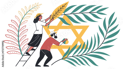 People Decorating the Star of David with Plants Illustration