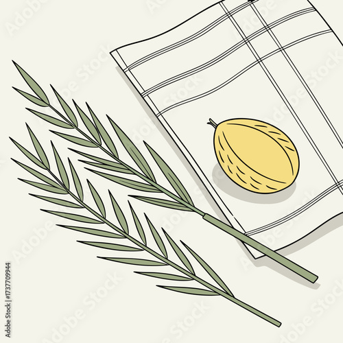 Elegant citron fruit and lulav with etrog on patterned cloth, top view