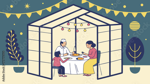 Family dining inside a festival tent, symbolic of unity and togetherness