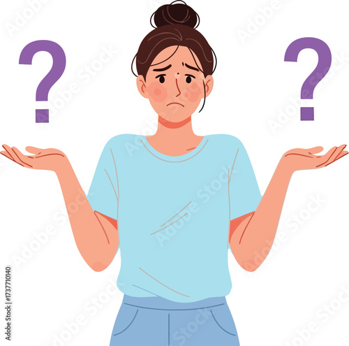 Confused young woman shrugging with question marks, facing a dilemma or uncertainty.