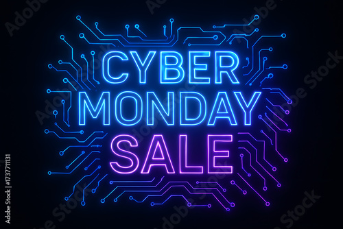 Neon Cyber Monday Sale text with digital circuit board background