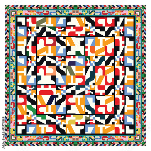Abstract geometric scarf design featuring bold shapes, vibrant colors, and a retro Modern pattern, perfect for fashion accessories and textile art.