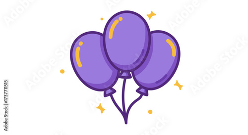 Three purple balloons icon with sparkles in cartoon style