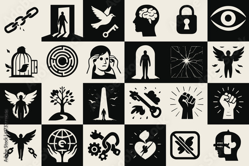 Freedom and Awakening Symbols — Liberation, Mind Control, and Consciousness Icon Set