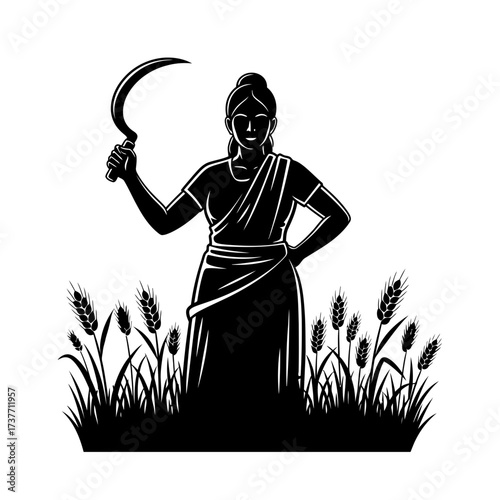 A strong Indian female farmer stands with a sickle in a bountiful wheat field