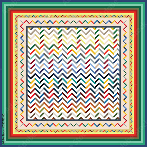 Colorful chevron zigzag scarf pattern with geometric border, background featuring a variety of vibrant colors. Abstract design ideal for modern textiles and backgrounds.