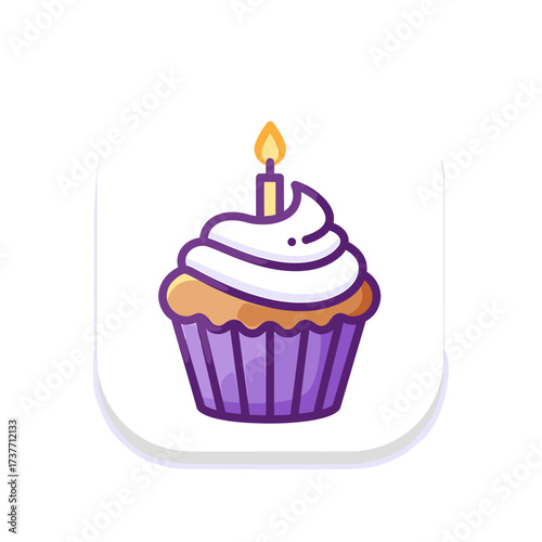 Purple cupcake with candle and icing on white background  