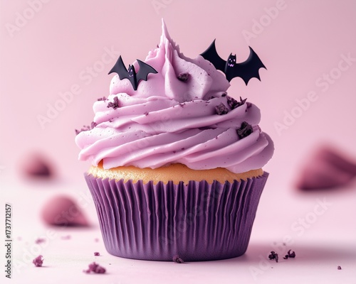 cute vampire-themed pastel cupcake with soft shadow, minimal elements on pale background 