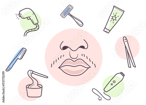 Set with hair removal products. Laser device, razor, wax, shaving, trimmer, tweezers, sugaring, cream
