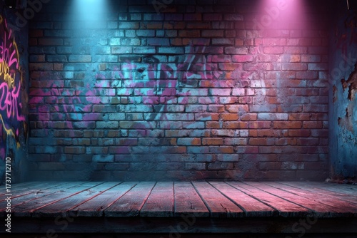 Stage lights illuminate graffiti brick wall and wooden floor