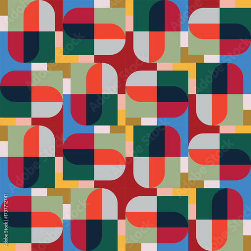  colorful interlocking shapes, including rectangles and semi-circles, creating a modern and vibrant design, Abstract geometric repeat pattern 