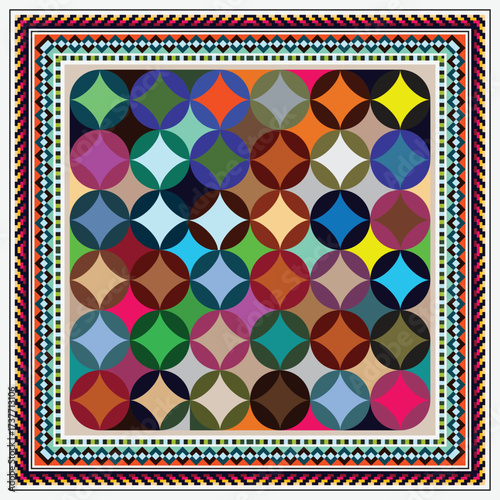 Colorful geometric pattern featuring overlapping circles creating diamond shapes in various vibrant colors, abstract scarf design.