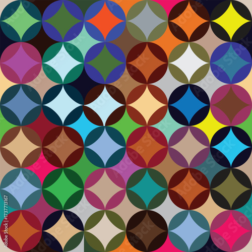 Colorful geometric pattern featuring overlapping circles creating diamond shapes in various vibrant colors, abstract seamless design.