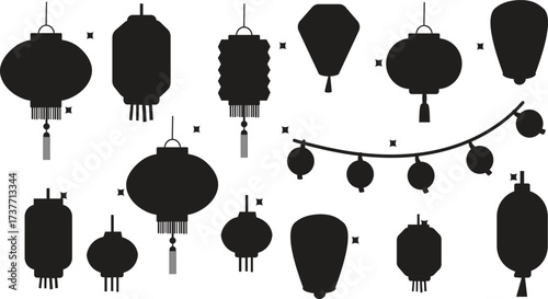  vector set of silhouette featuring lanterns temple, A collection of traditional chinese cultural symbols