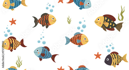 A collection of playful cartoon fish and sea creatures swimming in the ocean.
