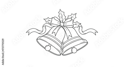 Decorative line art of two jingle bells tied with a festive ribbon and holly leaves.