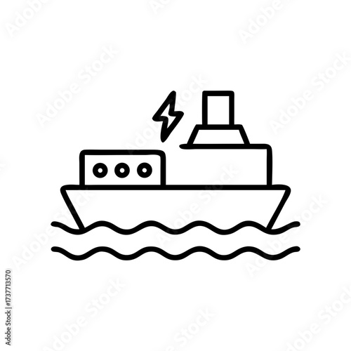 Electric ferry boat outline illustration with lightning bolt  