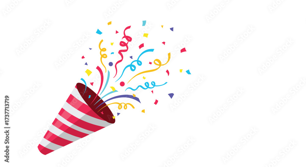 Fototapeta premium A festive celebration unfolds with a burst of colorful confetti and streamers from a striped popper in this dynamic party scene.