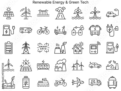 Icons representing renewable energy and green technology concepts  