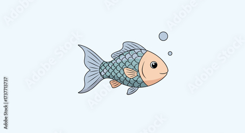 A cute cartoon fish swims happily in a light blue ocean with bubbles.