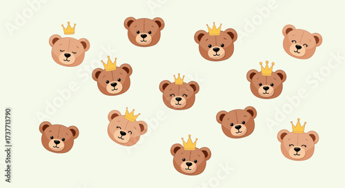 A delightful collection of adorable teddy bears wearing tiny golden crowns.
