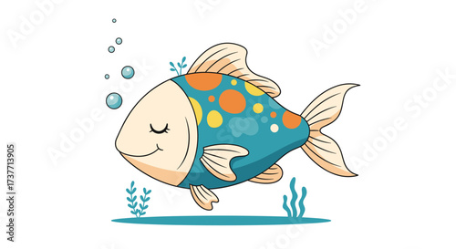 A cute colorful fish swimming peacefully in the ocean water with small bubbles floating up.