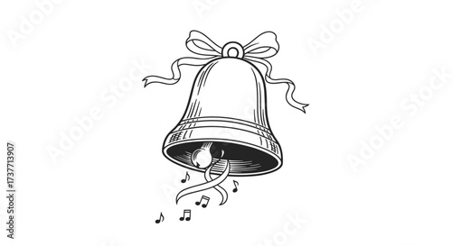 A festive bell adorned with a ribbon rings out with musical notes.
